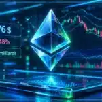 Symbole Ethereum en 3D au-dessus d’une tablette de trading avec graphique, support, résistance et données de marché.