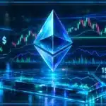 Symbole Ethereum en 3D devant un graphique de marché avec support, résistance et prix à 2 677 $.