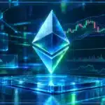 Symbole Ethereum en hologramme 3D au-dessus d’un graphique de marché montrant un support et une variation négative