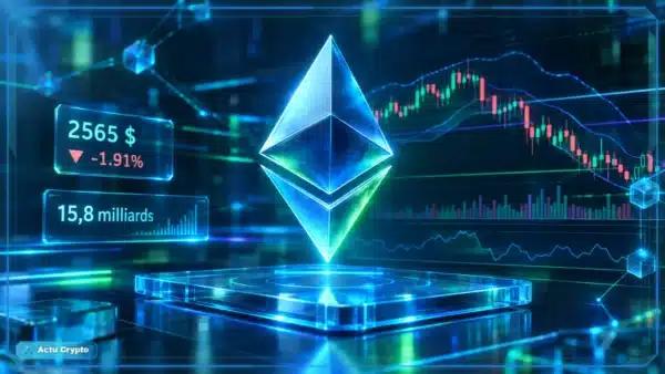 Symbole Ethereum en hologramme 3D au-dessus d’un graphique de marché montrant un support et une variation négative