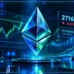 Symbole Ethereum en 3D devant un graphique financier montrant 2 716 $, une résistance et un contexte de taux élevés.