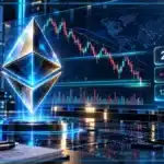Symbole Ethereum en 3D devant un graphique baissier et des indicateurs de marché
