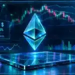 Symbole Ethereum en hologramme au-dessus d’un graphique de marché avec RSI survendu et niveau de support
