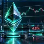 Symbole Ethereum en 3D devant un graphique de marché affichant 2 493 $, une baisse de 1,61 % et un volume sur 24 h.