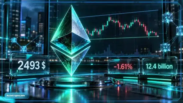 Symbole Ethereum en 3D devant un graphique de marché affichant 2 493 $, une baisse de 1,61 % et un volume sur 24 h.