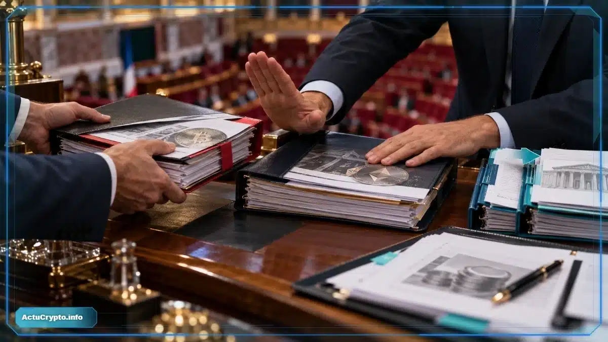 Photo réaliste d’un dossier de perte crypto bloqué dans son année fiscale après un vote parlementaire, tandis qu’un autre dossier sur les stablecoins reste encore en discussion.