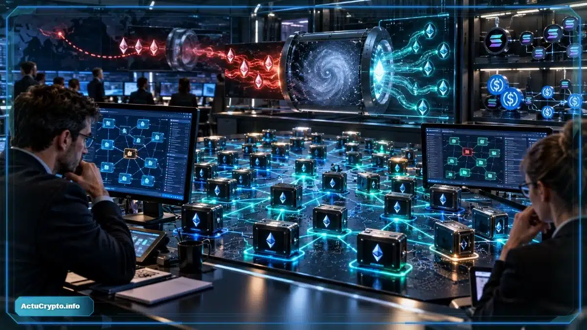 Photo réaliste de deux analystes blockchain comparant un vaste réseau de portefeuilles Ethereum encore surveillés, avec quelques différences de regroupement et d’anciennes traces de transferts vers Tornado Cash.