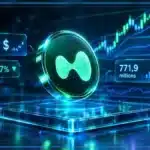 Symbole Hyperliquid HYPE en hologramme 3D devant un graphique technique, avec résistance et indicateurs de marché.