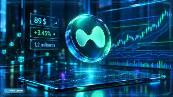 Symbole Hyperliquid HYPE en hologramme 3D devant un graphique de marché, avec niveaux de support et résistance.