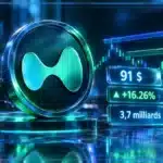 Symbole Hyperliquid HYPE en 3D devant un graphique de marché avec le prix à 91 $, une hausse de 16,26 % et un volume de