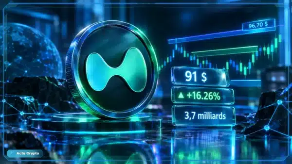 Symbole Hyperliquid HYPE en 3D devant un graphique de marché avec le prix à 91 $, une hausse de 16,26 % et un volume de
