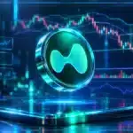 Symbole Hyperliquid HYPE en hologramme 3D devant un graphique de marché avec support, RSI et variation baissière