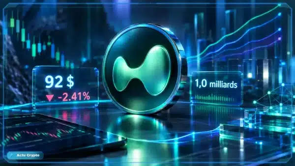 Symbole Hyperliquid HYPE en 3D devant un graphique de marché indiquant un repli et une zone de support