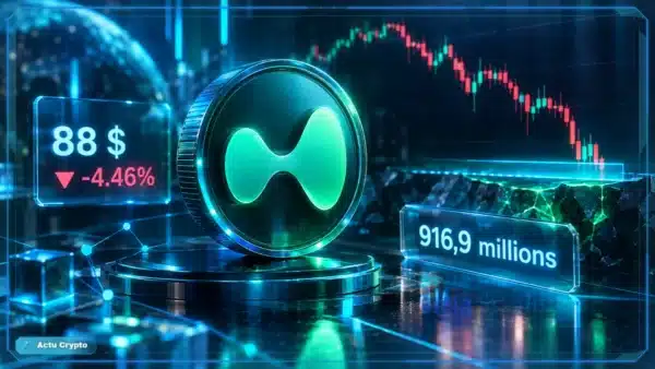 Symbole Hyperliquid HYPE en 3D devant un graphique de marché affichant 88 $, une baisse de 4,46 % et le volume sur 24