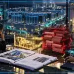 Photo réaliste d’une entreprise d’intelligence artificielle préparant son IPO devant un vaste data center, avec forte croissance des revenus et lourdes charges comptables liées à des instruments convertibles.