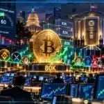 Photo réaliste de Bitcoin stabilisé au-dessus de 80 000 dollars avec plusieurs altcoins en reprise derrière lui, tandis que les prochaines décisions de banques centrales restent en attente.