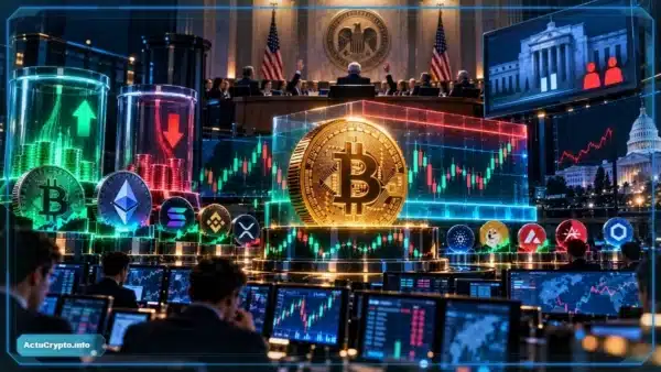 Photo réaliste de Bitcoin volatil autour de 81 000 dollars après une décision de la Fed, avec flux ETF Bitcoin positifs, sorties Ether et altcoins encore dispersés.