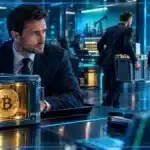 Photo réaliste d’un gestionnaire institutionnel maintenant une position Bitcoin tandis que des paniers ETF sont retirés, avec un levier encore élevé et des taux américains qui limitent le rebond.