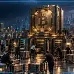 Photo réaliste de Bitcoin stable au-dessus d’une infrastructure de contrats perpétuels en forte contraction, avec des sorties ETF et des altcoins dispersés en arrière-plan.