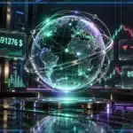Illustration 3D d’une analyse du marché crypto avec graphique, capitalisation totale, variation sur 24 h et volume.