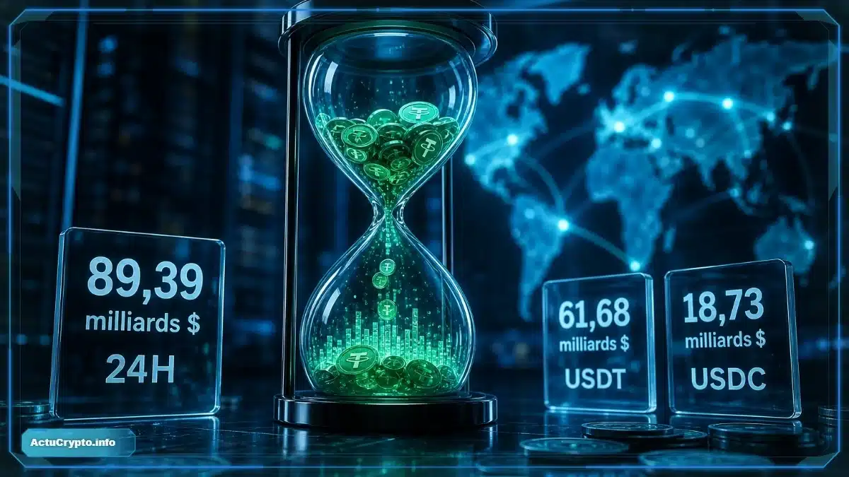 Illustration 3D d’une analyse du marché crypto avec graphique, capitalisation totale, variation sur 24 h et volume.
