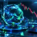 Illustration 3D d’un marché crypto en baisse avec graphique, tension sur le levier et repères de volume