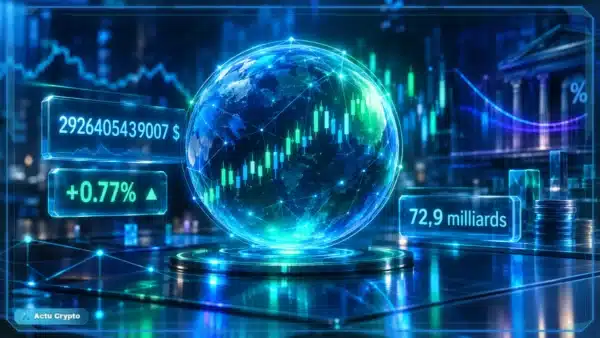 Illustration 3D du marché crypto avec graphique de consolidation, données de capitalisation, volume et variation