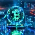 Illustration 3D du marché crypto avec graphique de prix, variation positive, volume sur 24 heures et signaux