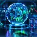 Illustration 3D du marché crypto avec graphique de support, baisse de capitalisation et dominante cyan.