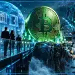 Illustration 3D du marché crypto avec graphique baissier, tensions obligataires et données de volume.