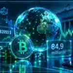 Illustration 3D du marché crypto avec graphique, capitalisation, volume et signal de hausse modérée.
