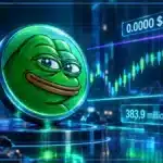 Symbole Pepe en 3D devant un graphique de marché montrant un rebond et une résistance technique