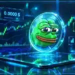 Symbole Pepe en hologramme 3D devant un graphique de marché avec supports, résistance et variation positive.