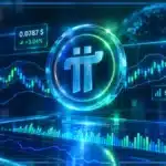 Symbole Pi Network en hologramme 3D devant un graphique de marché montrant une résistance et une hausse du volume