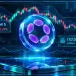Symbole Polkadot en hologramme au-dessus d’un graphique baissier montrant le prix à 1,064 $ et la baisse quotidienne du