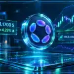 Symbole Polkadot en hologramme 3D devant un graphique de marché avec niveaux techniques et indicateurs de volume