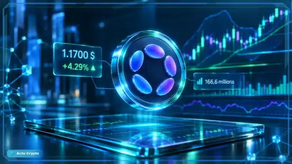 Symbole Polkadot en hologramme 3D devant un graphique de marché avec niveaux techniques et indicateurs de volume