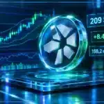 Symbole Quant QNT en hologramme 3D devant un graphique de marché avec hausse, volume et niveaux techniques