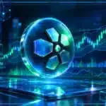 Symbole Quant QNT en hologramme au-dessus d’une tablette de trading, avec graphique de prix et signaux de volume.