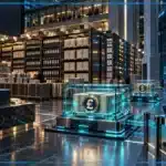 Photo réaliste d’une petite classe de fonds monétaire tokenisée sur XRP Ledger devant un vaste portefeuille traditionnel conservé par des infrastructures financières réglementées.