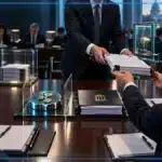 Photo réaliste d’un avocat crypto remettant un dossier réglementaire à des responsables américains, avec un module XRP séparé d’un contrat d’investissement et deux mécanismes juridiques distincts en arrière-plan.