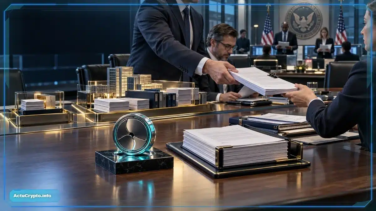 Photo réaliste d’un juriste examinant séparément un token crypto et son contrat d’investissement, avec deux voies réglementées de financement de tailles différentes en arrière-plan.