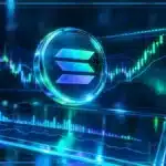 Symbole Solana en hologramme au-dessus d’une tablette de trading avec graphique, résistance, volume et prix à 103 $