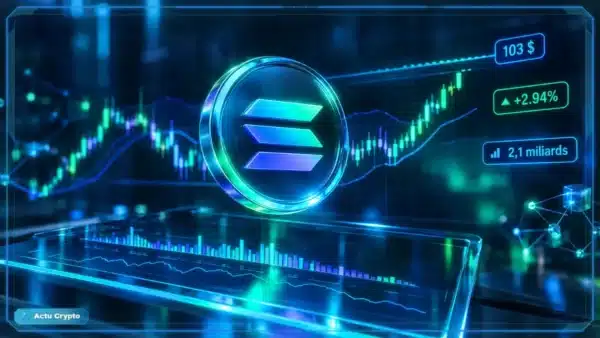 Symbole Solana en hologramme au-dessus d’une tablette de trading avec graphique, résistance, volume et prix à 103 $