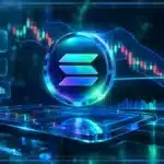Symbole Solana en 3D devant un graphique de marché avec support, résistance et indicateurs techniques