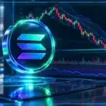 Symbole Solana en hologramme 3D devant un graphique de marché montrant une baisse et une zone de support