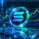 Logo Solana holographique devant un graphique de marché avec support, RSI et baisse quotidienne