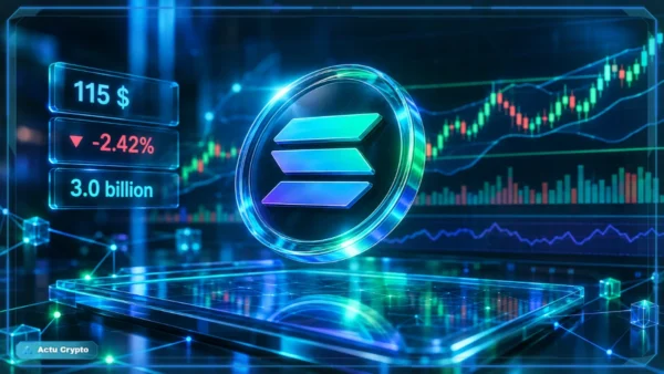 Logo Solana holographique devant un graphique de marché avec support, RSI et baisse quotidienne