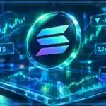 Symbole Solana en hologramme 3D devant un graphique de marché montrant le prix à 119 $ et une baisse de 2,00 %