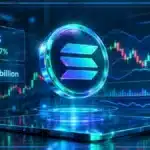 Logo Solana en hologramme 3D devant un graphique de trading avec résistance, RSI et prix autour de 121 $